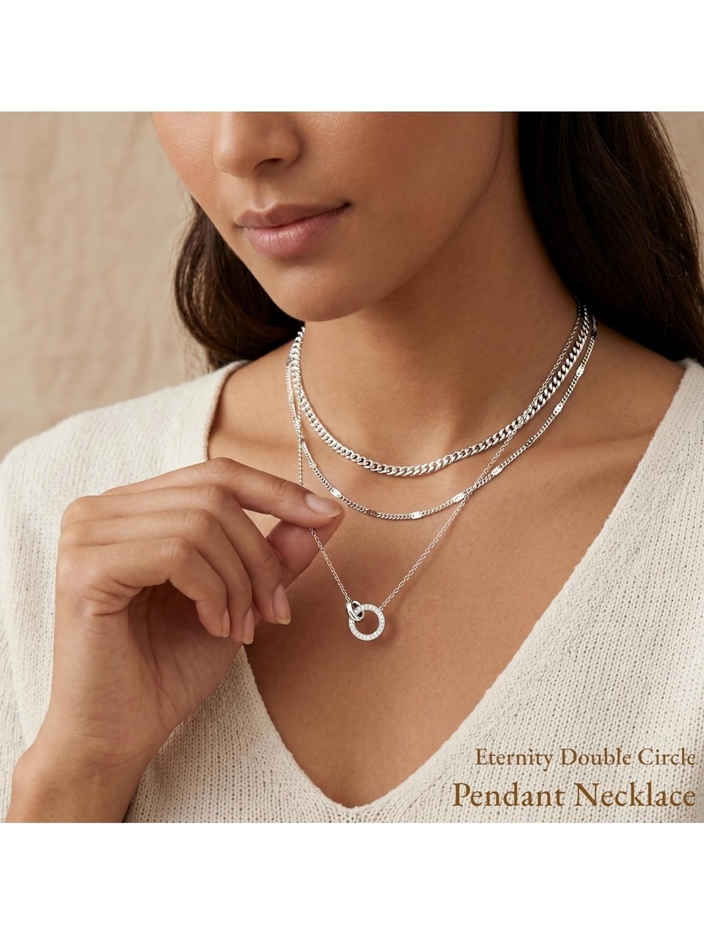 Silver Layered Necklace with Interlocking Circle Pendant - Silver - Picture 4 of 7